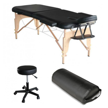 Pack Mediprem  Eco Pro Noire : Votre table de massage pliante en bois Mediprem avec tabouret et coussin de massage