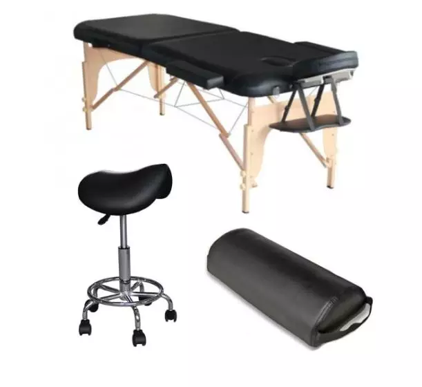 Pack Mediprem  Eco Pro Noire : Votre table de massage pliante en bois Mediprem avec tabouret et coussin de massage