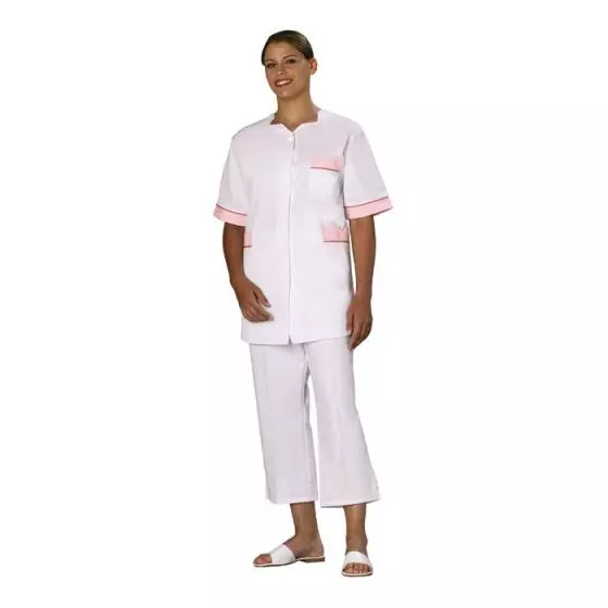 Tunique médicale femme Tivry blanc parement rose passepoil rose Mulliez
