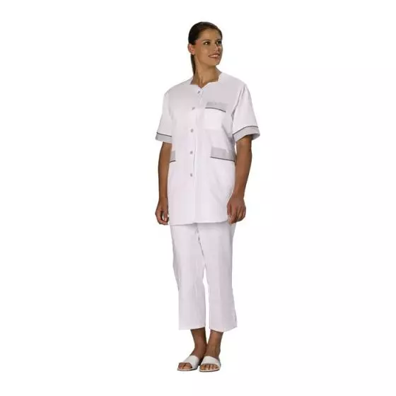 Tunique médicale femme Tivry blanc parement gris passepoil gris Mulliez