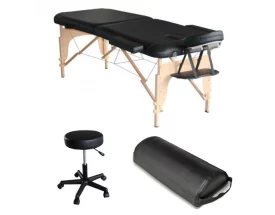 Pack Mediprem  Eco Pro Noire : votre table de massage pliante en bois Mediprem avec tabouret et coussin de massage
